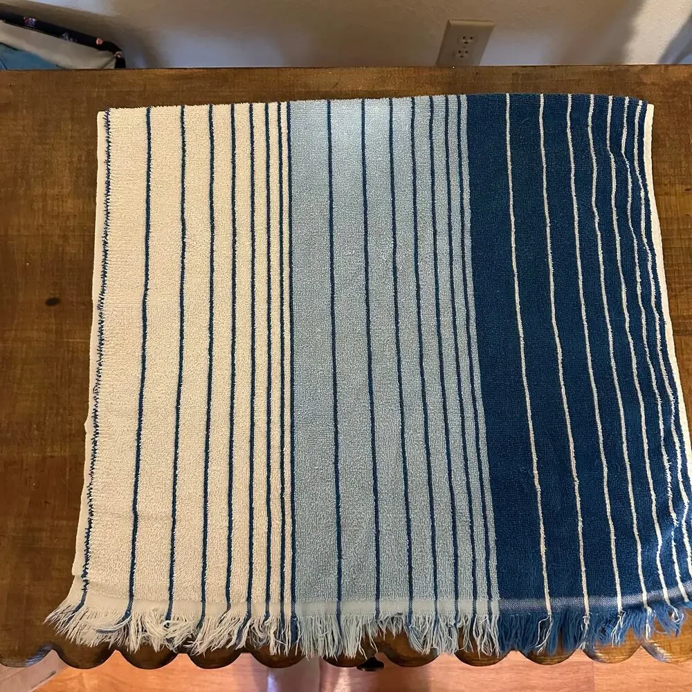 Cannon Blue & White Striped Bath Towel Set 3 Piece Fringe Cotton Made in USA VTG